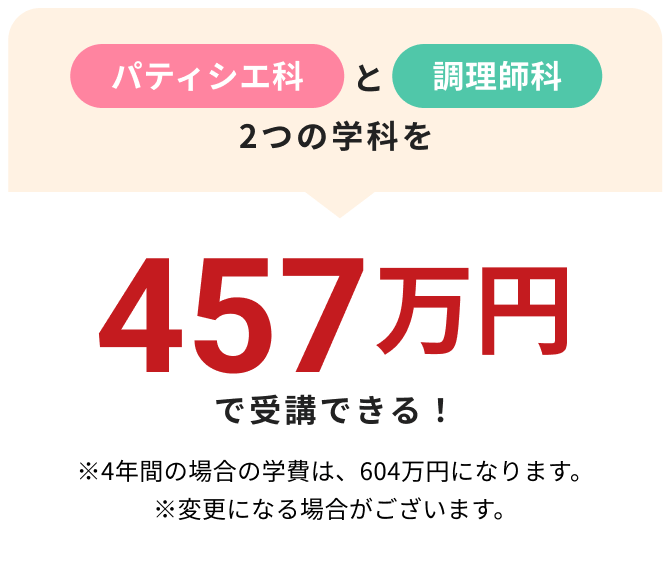 パティシエ科と調理師科 2つの学科を457万円で受講できる! ※4年間の場合の学費は、604万円になります。※変更になる場合がございます。